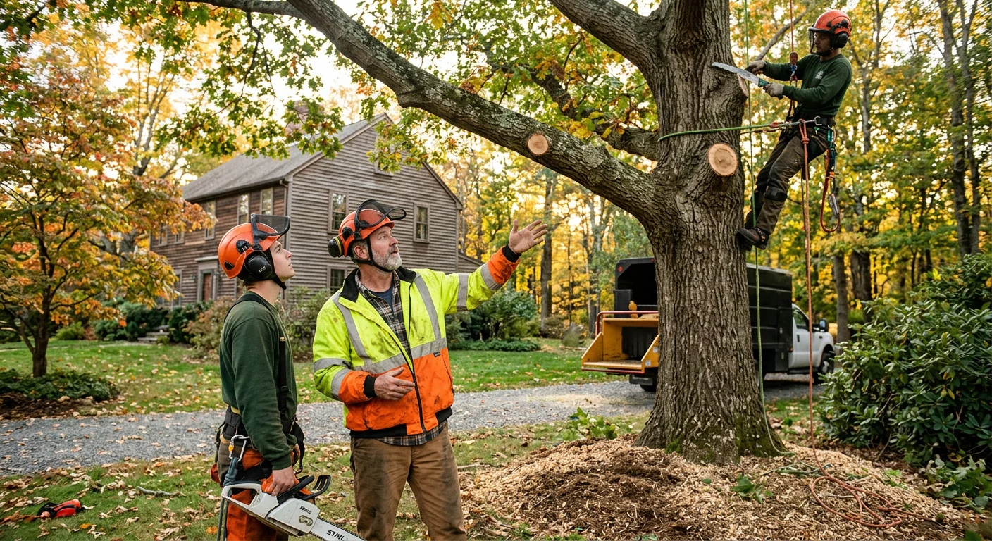 Experienced Cheshire tree crew rigging a large limb during a controlled removal