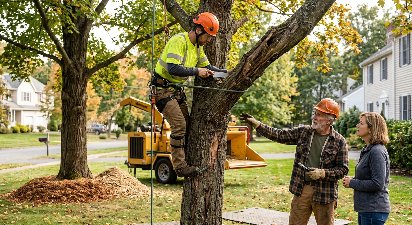 Arborist reviewing a trimming estimate beside a mature tree