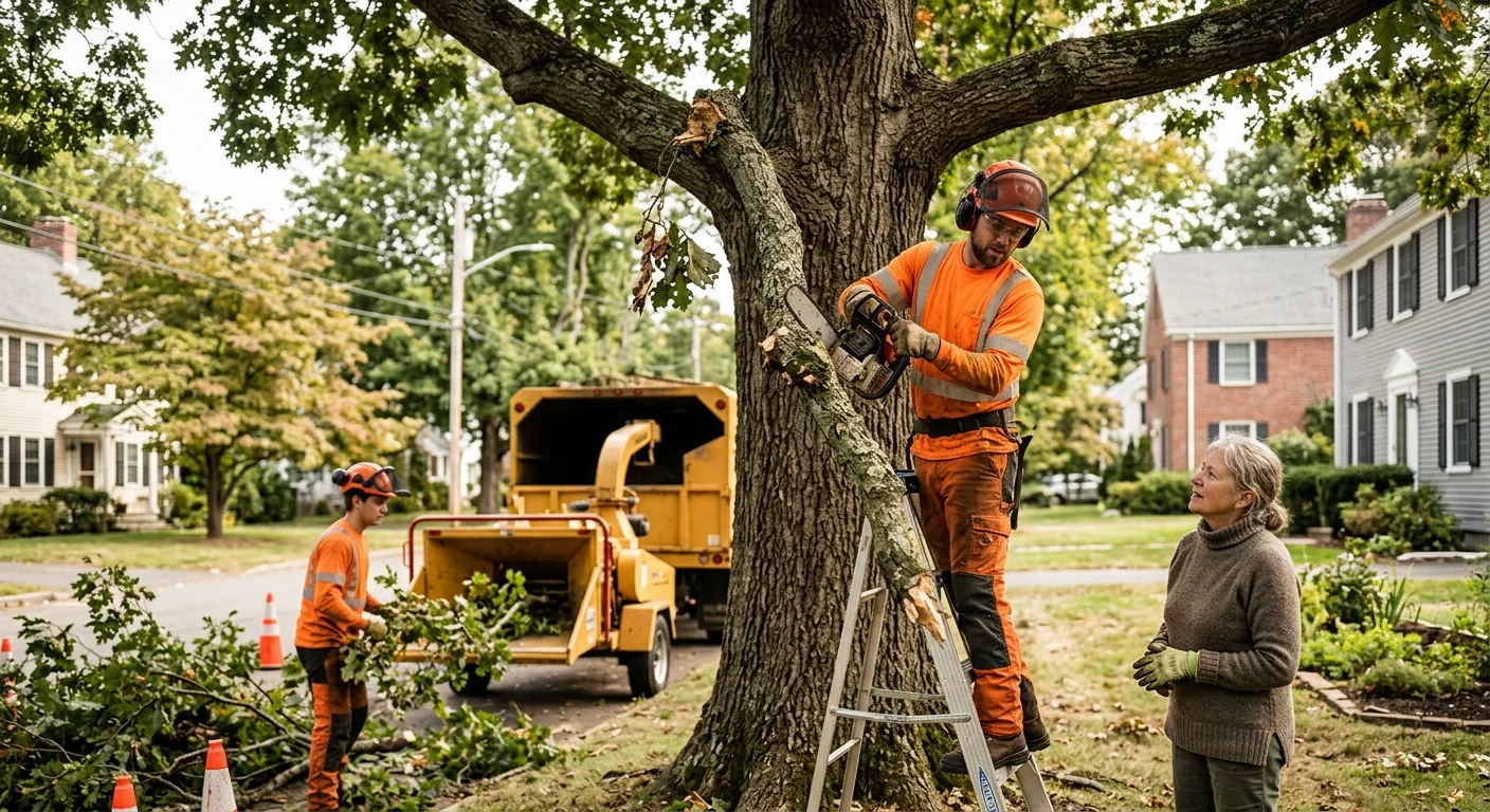 Arborist shaping a mature shade tree during a trimming visit in Cheshire