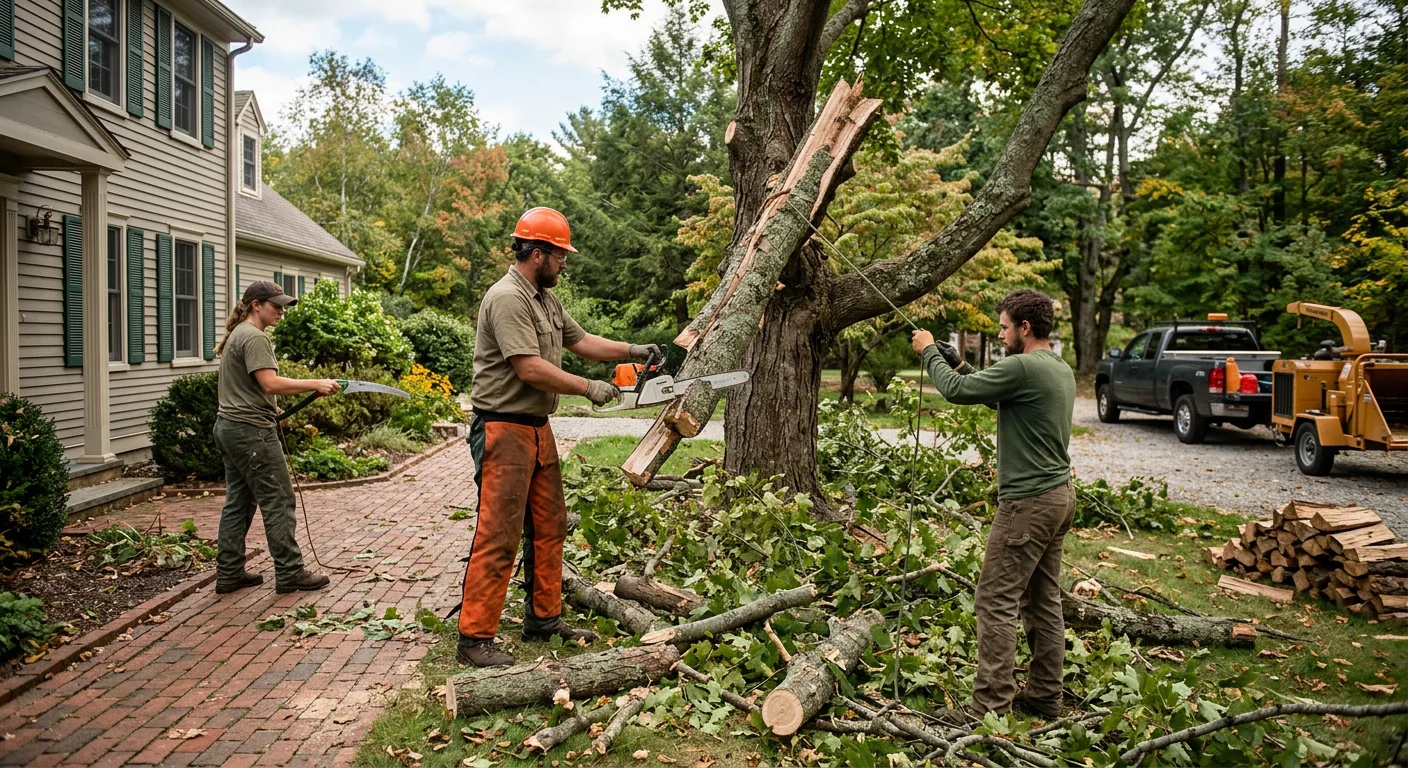 Arborist making a clean reduction cut on a mature backyard shade tree