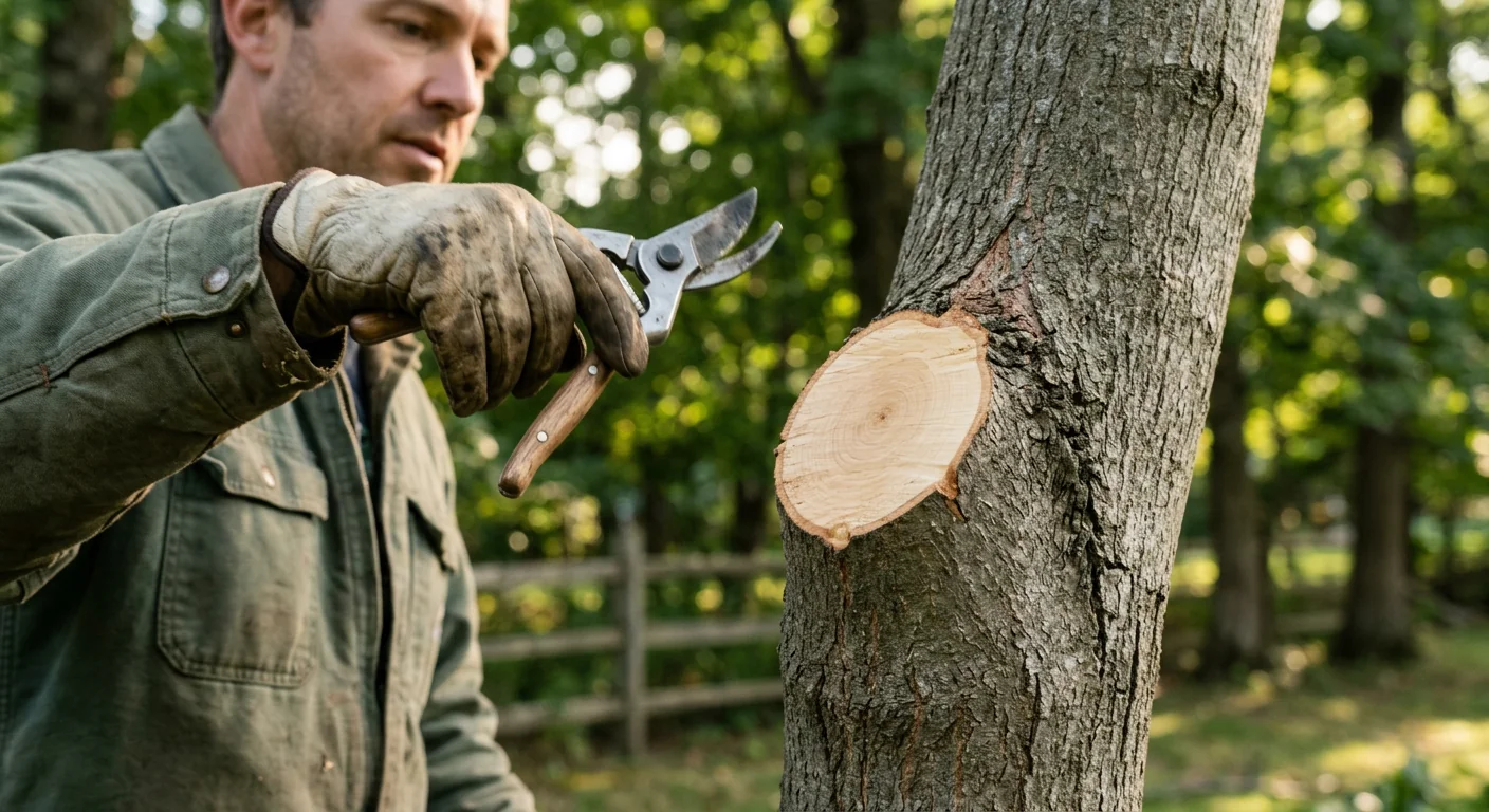 Close-up of a clean pruning cut at a maple branch collar