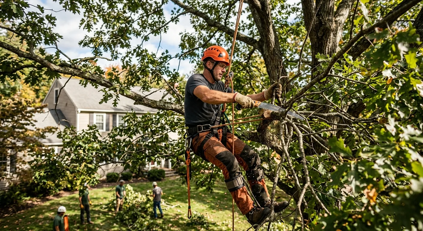 Arborist thinning an overgrown oak crown from a rope
