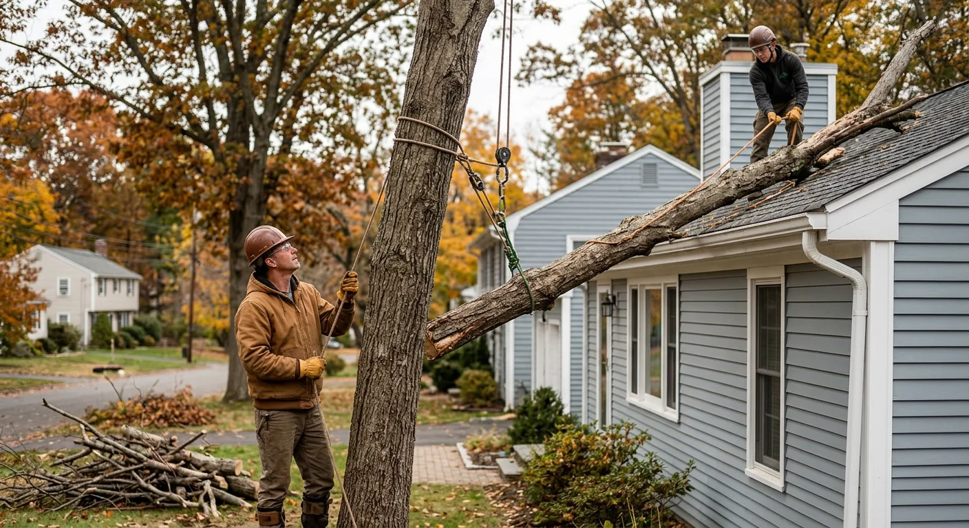 Deadwood branches lowered carefully near a home rooftop