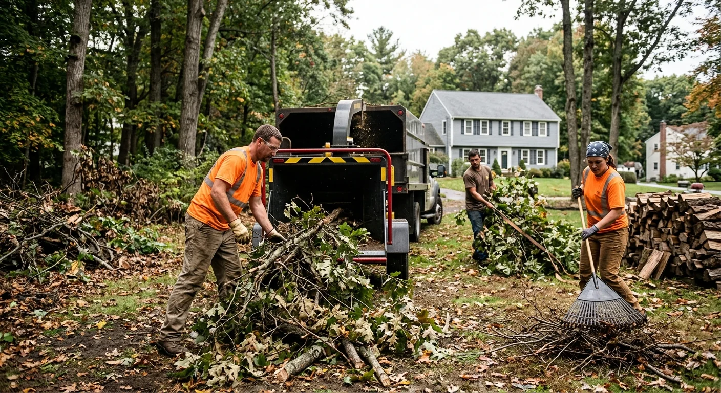 Crew clearing trimmed brush and debris from a yard